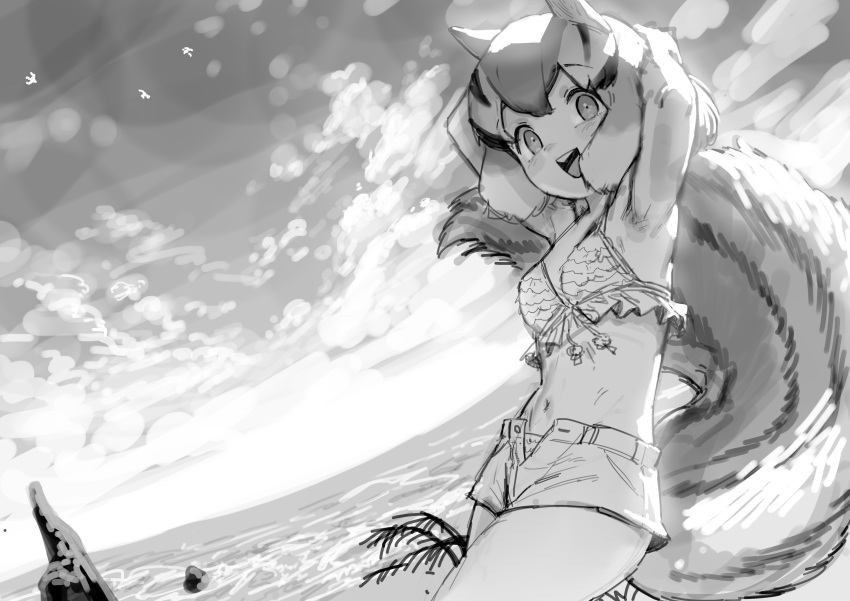 1girl, absurdres, animal_ears, armpits, arms_behind_head, arms_up, backlighting, bikini