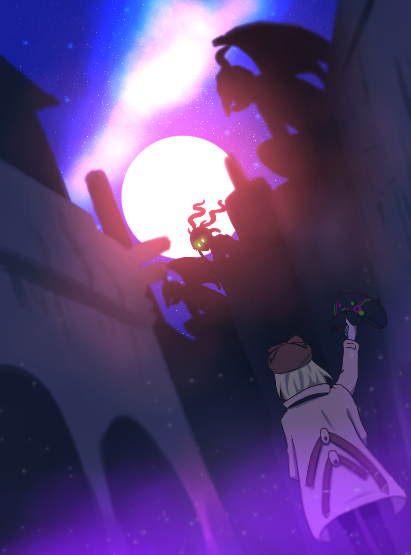 2girls, back, blonde_hair, coat, full_moon, gargoyle, glowing, glowing_eyes