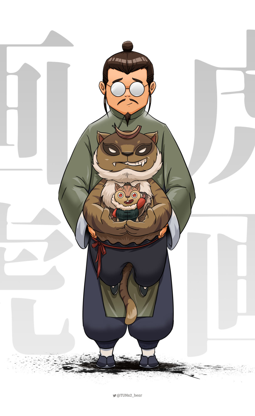 1boy, black_hair, facial_hair, full_body, glasses, goatee, green_shirt, highres, holding, horns, hua_hu_(the_legend_of_luoxiaohei), long_sleeves, red_eyes, round_eyewear, shirt, solo, standing, tail, the_legend_of_luo_xiaohei, topknot, tunx2_bear, twitter_username