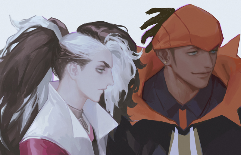 2boys, black_hair, black_hoodie, closed_mouth, collared_shirt, commentary, dark-skinned_male, dark_skin