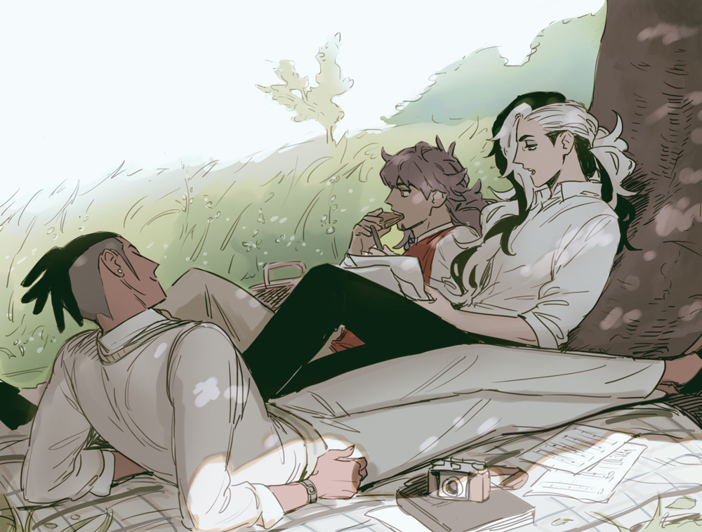 3boys, against_tree, alternate_costume, black_hair, black_pants, book, camera, collared_shirt