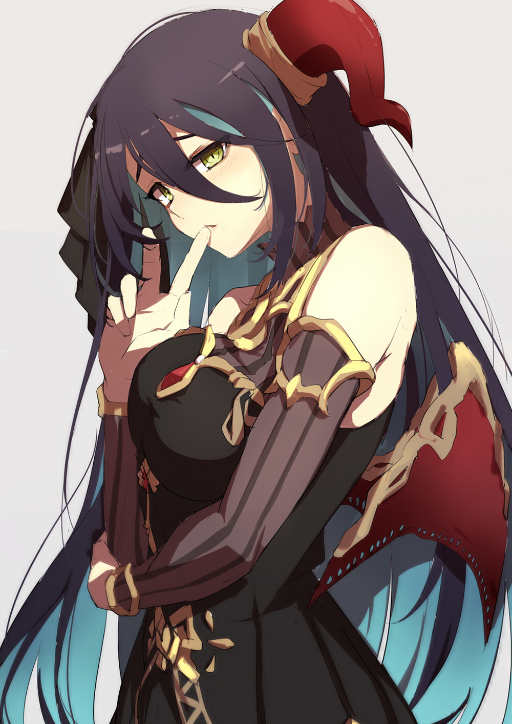 1girl, arm_across_chest, armpit_crease, black_dress, black_hair, blue_hair, blush, breasts, curled_horns, detached_sleeves, dress, hair_ornament, highres, horns, medium_breasts, momiji_oroshi, multicolored_hair, princess_connect!, ranpha_(princess_connect!), red_wings, simple_background, single_horn, single_wing, sleeveless, sleeveless_dress, solo, striped, striped_sleeves, two-tone_hair, upper_body, vertical_stripes, white_background, wings, yellow_eyes