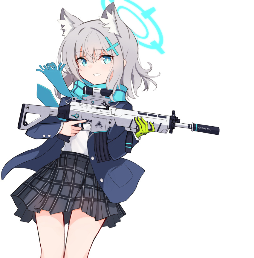 1girl, animal_ears, assault_rifle, bag, bangs, blue_archive, blue_eyes, cat_ears