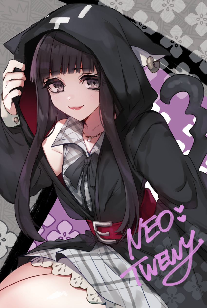 1girl, animal_hood, belt, black_hair, cat_hood, copyright_name, dress, grey_eyes