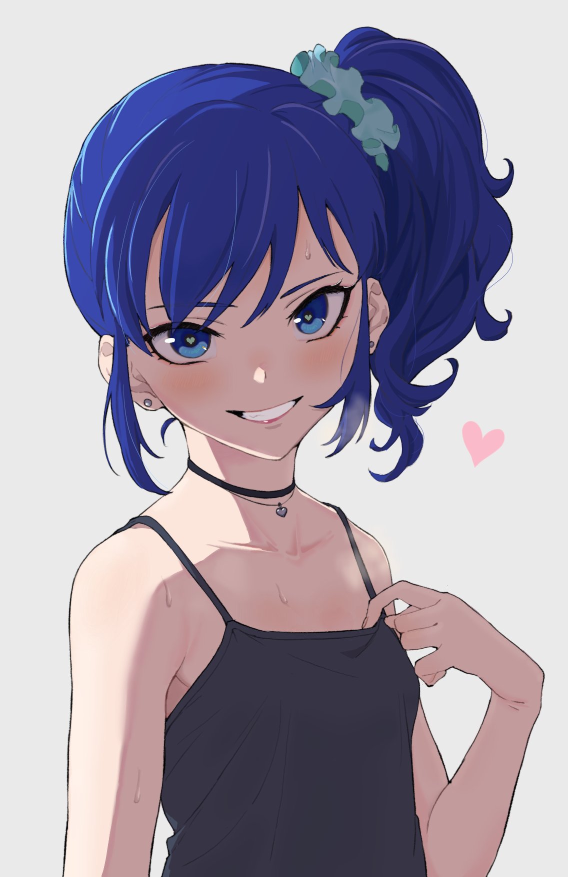 1girl, aikatsu!, aikatsu!_(series), aqua_scrunchie, arm_at_side, bangs, bare_arms, bare_shoulders