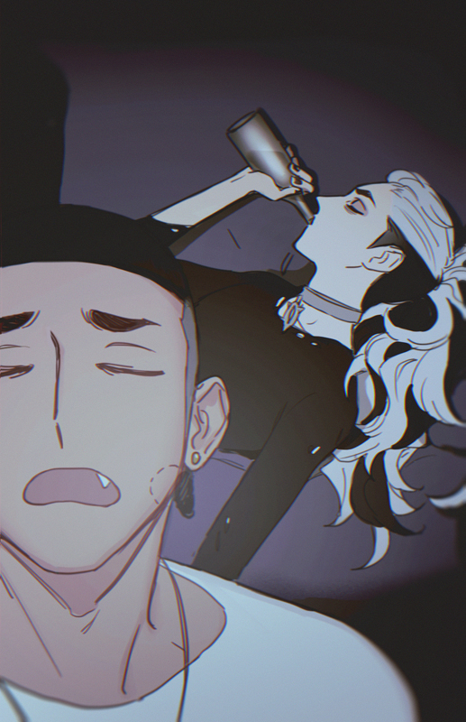 2boys, alcohol, alternate_costume, bite_mark, black_hair, black_nails, black_shirt, bottle