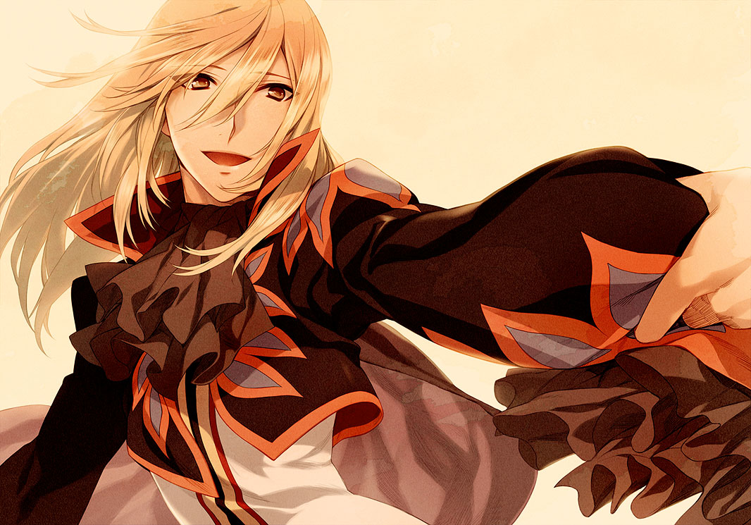 akiyoshi_haru, blonde_hair, brown_eyes, cape, cravat, haru_(noppopo), male, richard_(tales_of_graces), tales_of_(series), tales_of_graces, yellow_background