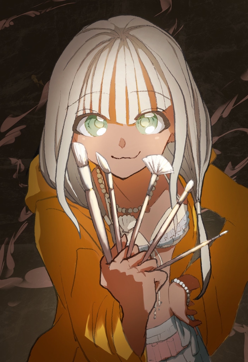 art_supplies, dangan_ronpa, dangan_ronpa_(series), dangan_ronpa_v3:_killing_harmony, grey_hair, new_dangan_ronpa_v3, paintbrush, shell_necklace