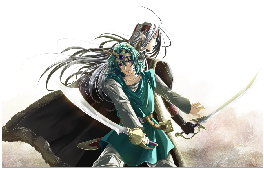 back-to-back, back_to_back, cape, cutlass, cutlass_(sword), dragon_quest, dragon_quest_iv, green_hair