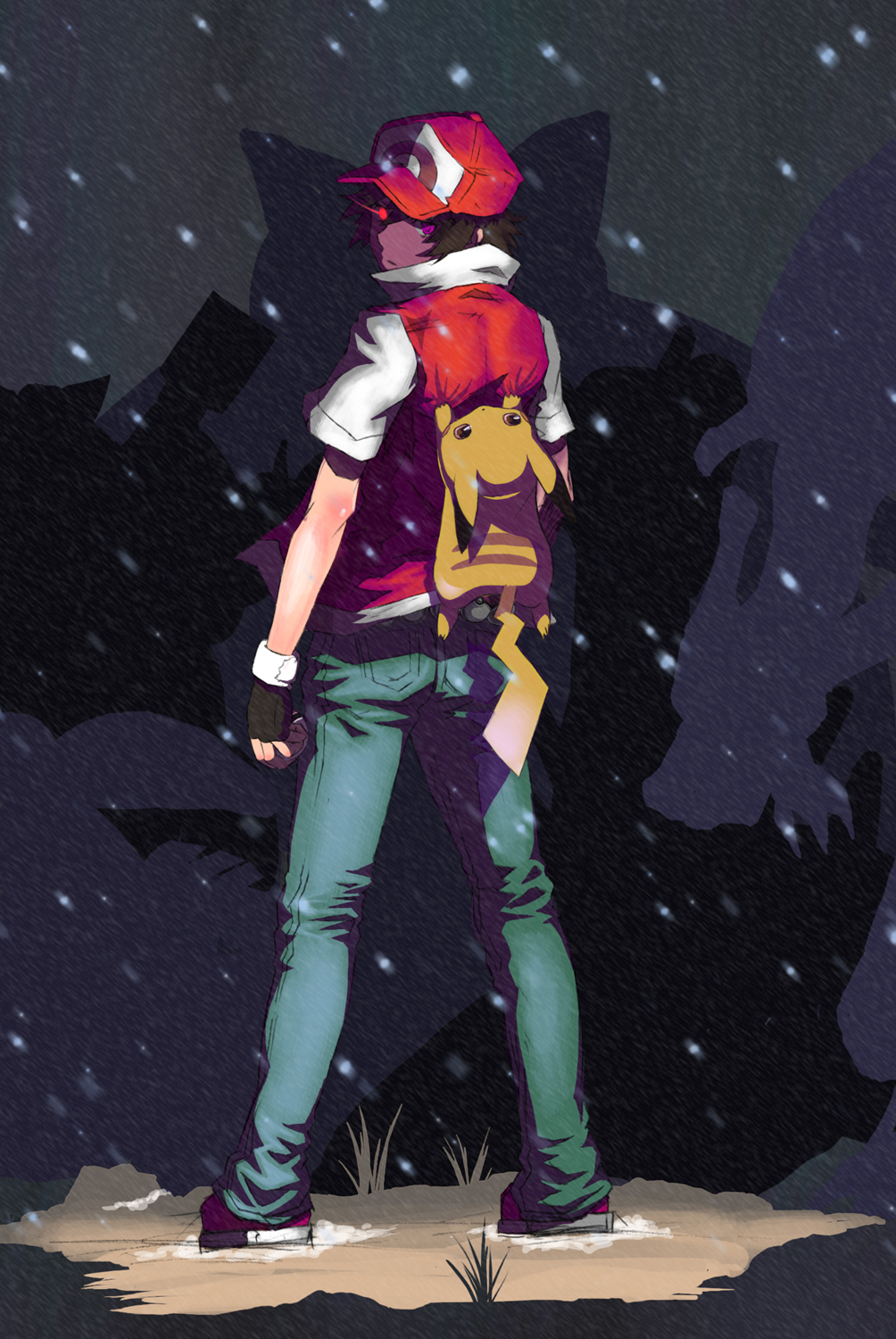 black_hair, blastoise, charizard, epic, fingerless_gloves, gloves, glowing_eye, glowing_eyes