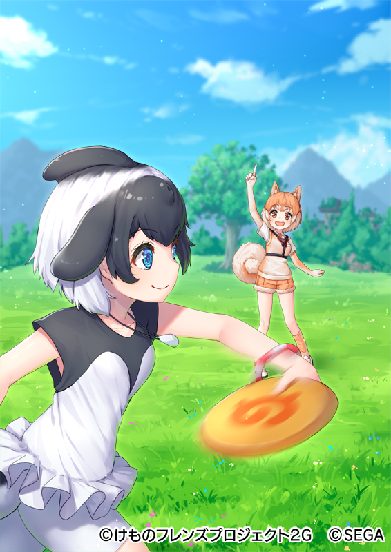2girls, afterimage, animal_ears, bike_shorts, bike_shorts_under_skirt, black_hair, black_shirt, blowhole
