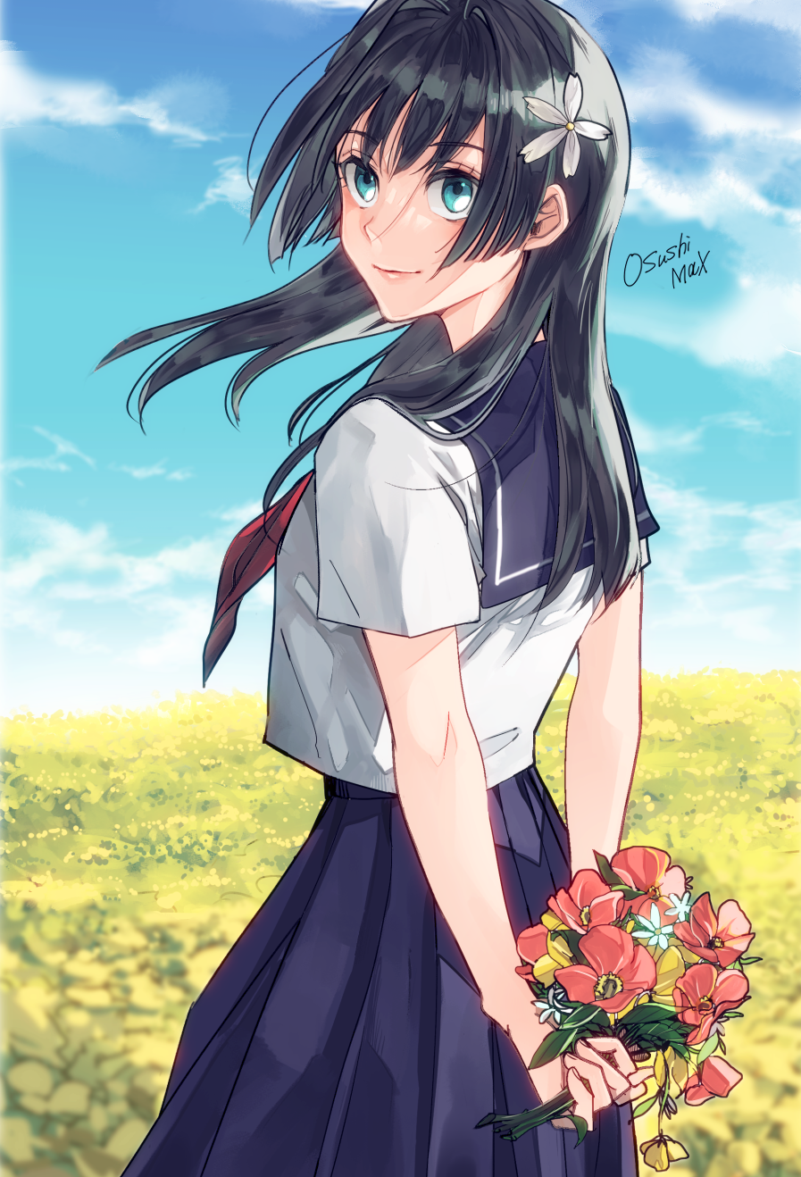 1girl, arms_behind_back, artist_name, bangs, black_hair, blue_eyes, blue_sailor_collar, blue_sky