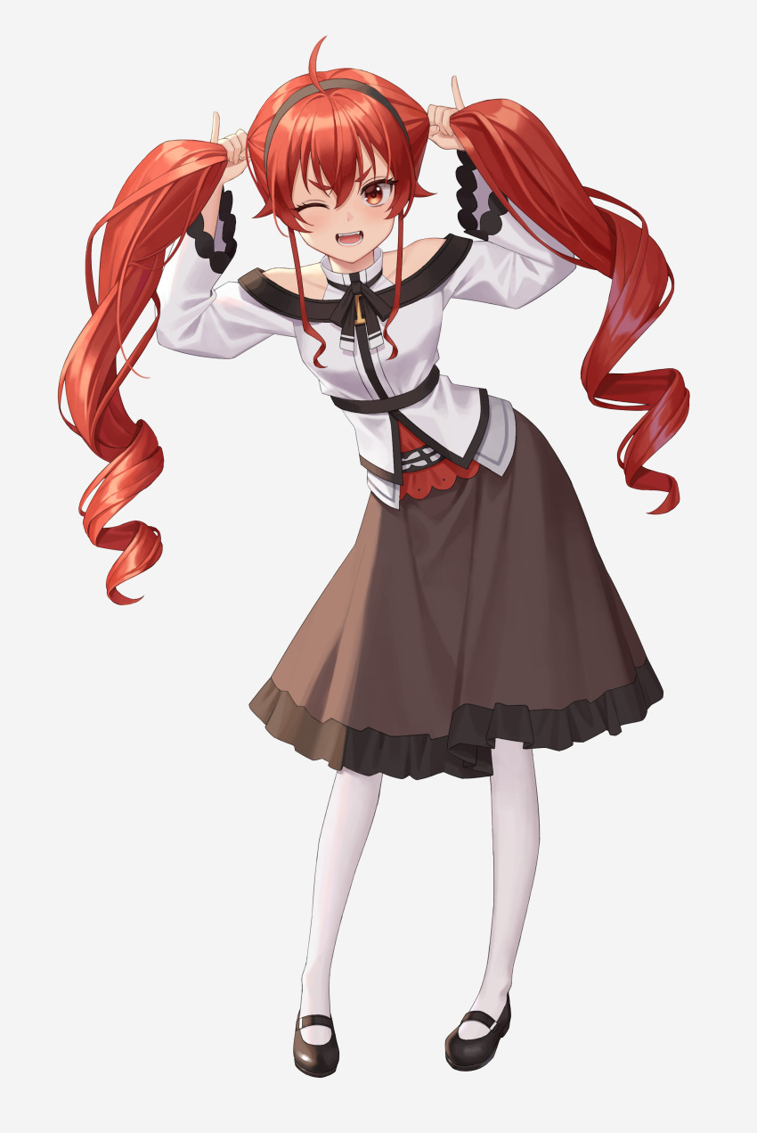 1girl, ;d, absurdres, ahoge, bare_shoulders, beomko, black_hairband, brown_skirt