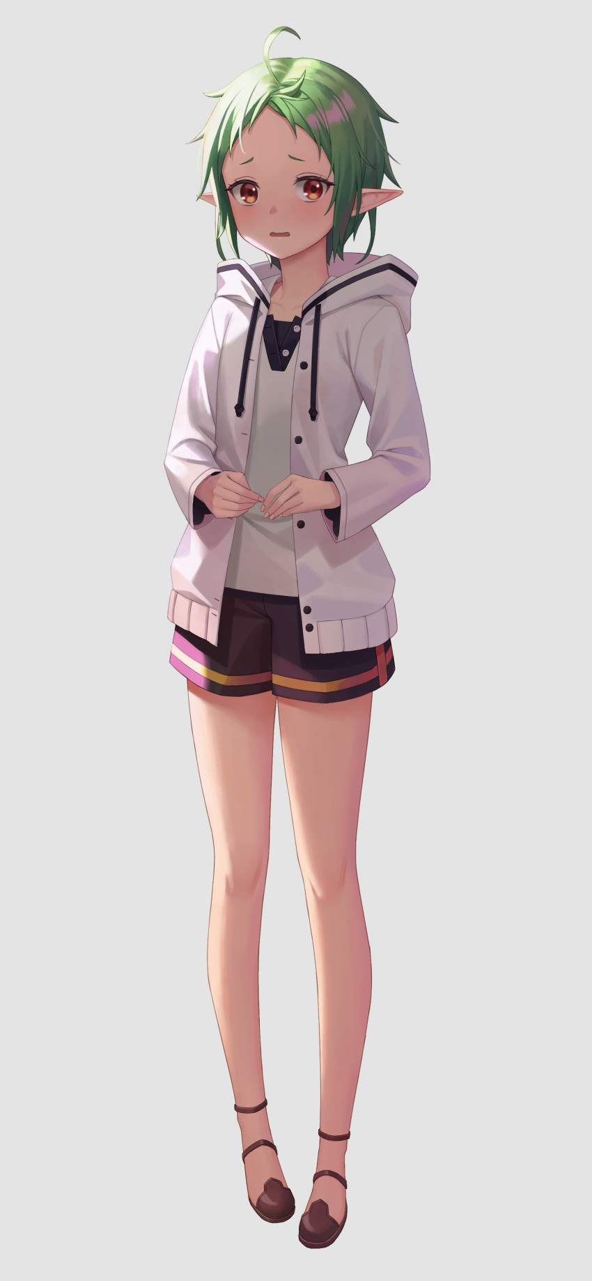 1girl, absurdres, ahoge, ankle_boots, beomko, black_shorts, boots, elf