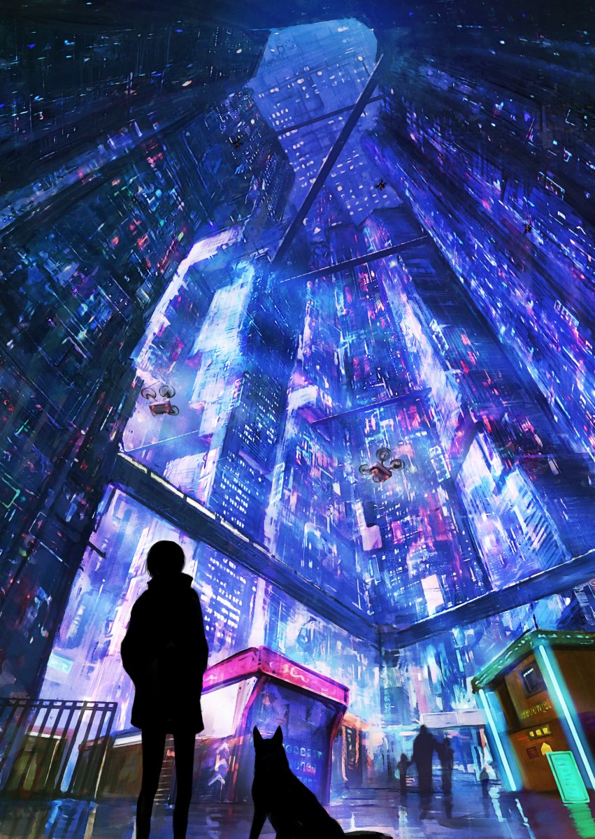 ambiguous_gender, building, city, dog, highres, hover_vehicle, neon_lights, original