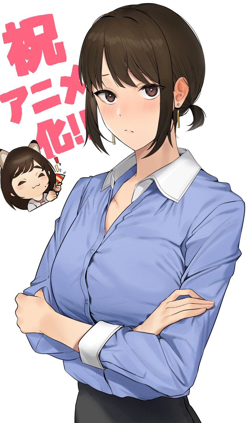 2girls, :3, absurdres, animal_ears, bangs, blue_shirt, blush, brown_eyes