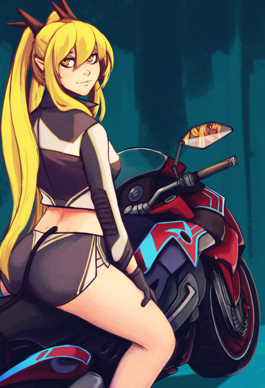 1girl, absurdres, ass, black_gloves, black_ribbon, black_shorts, blonde_hair, breasts