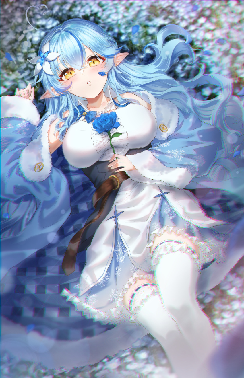 absurdres, ahoge, bare_shoulders, belt, black_corset, blue_coat, blue_flower, blue_hair