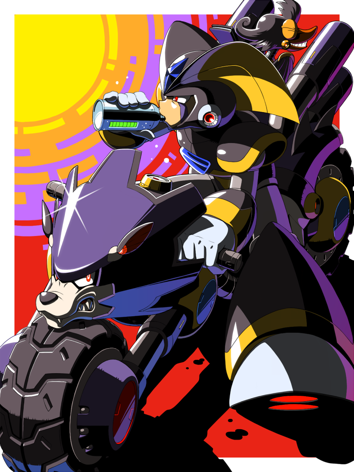 1boy, android, armor, bass_(mega_man), bird, black_headwear, border, bottle