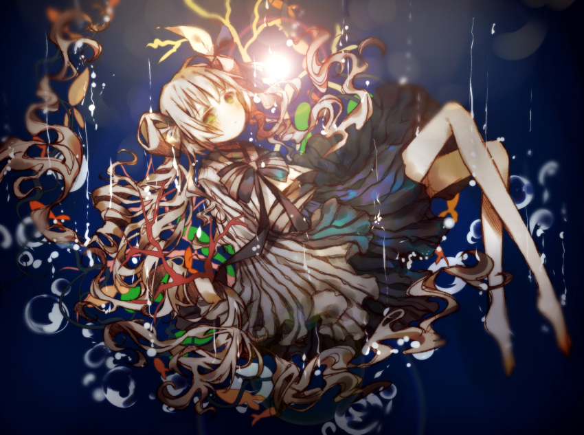 1girl, barefoot, black_skirt, bow, bowtie, bubble, commentary, eleanor_forte