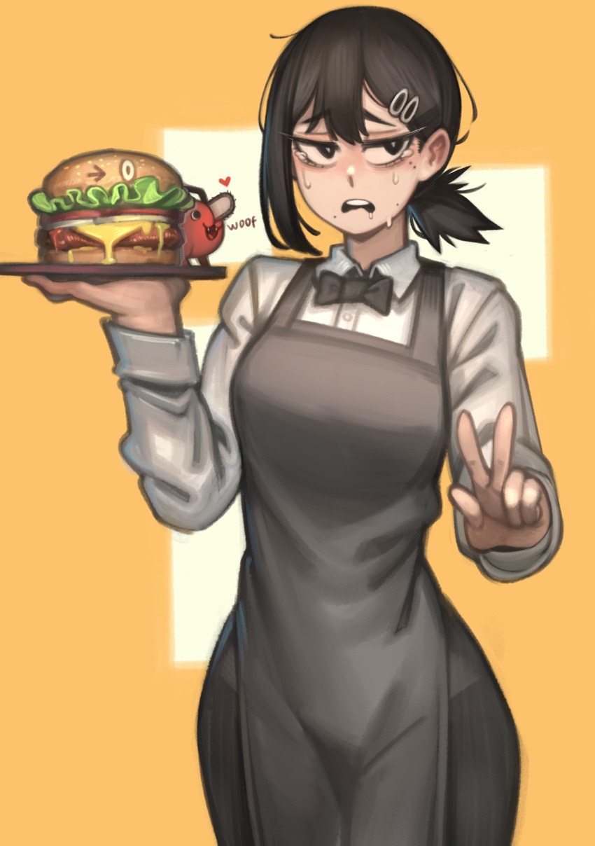 1girl, abstract_background, absurdres, apron, black_apron, black_eyes, black_hair, black_neckwear
