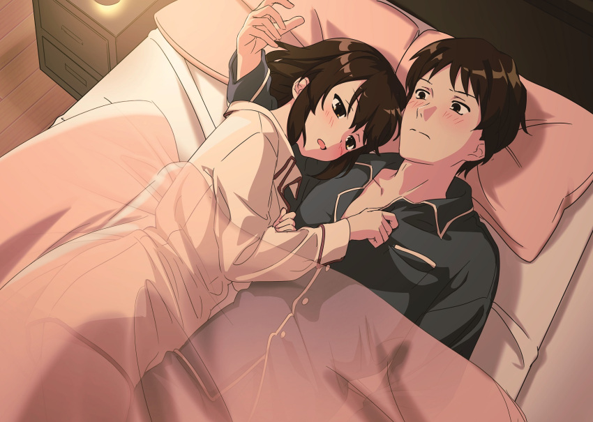 1boy, 1girl, bangs, bed, bedroom, blanket, blush, brown_eyes, brown_hair, buttons, closed_mouth, collarbone, commentary_request, couple, green_pajamas, hand_up, head_on_pillow, hetero, highres, hotaru_iori, ichimi_renge, indoors, kyon, long_sleeves, looking_at_another, lying, medium_hair, on_back, on_bed, on_side, open_mouth, pajamas, pajamas_pull, pillow, second-party_source, see-through, short_hair, split_mouth, suzumiya_haruhi, suzumiya_haruhi_no_yuuutsu, under_covers, wavy_mouth, white_pajamas, wooden_floor