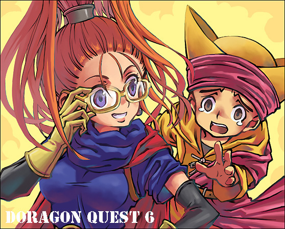 bespectacled, cape, chamoro, dragon_quest, dragon_quest_vi, elbow_gloves, forehead, glasses, gloves, hat, high_ponytail, long_hair, open_mouth, pokapamazu, ponytail, purple_eyes, red_hair, redhead, smile, tears, violet_eyes