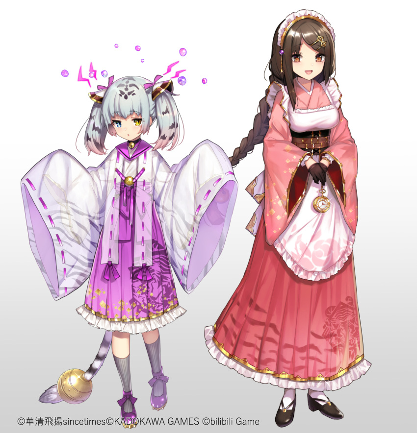 2girls, :d, apron, bangs, bell, black_choker, black_footwear, black_gloves