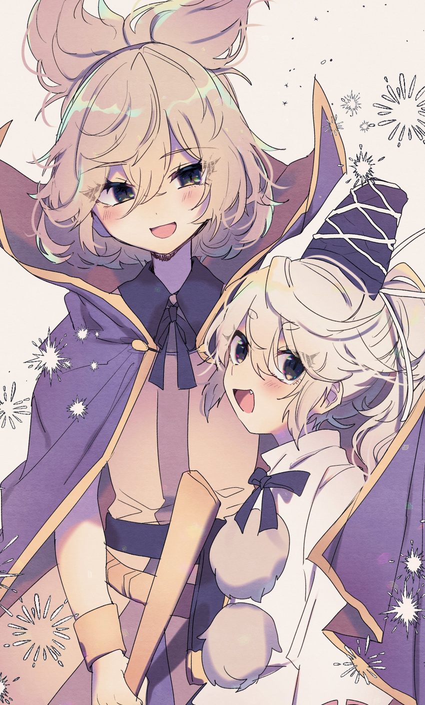2girls, :d, absurdres, blush, bracelet, cape, commentary_request, cowboy_shot