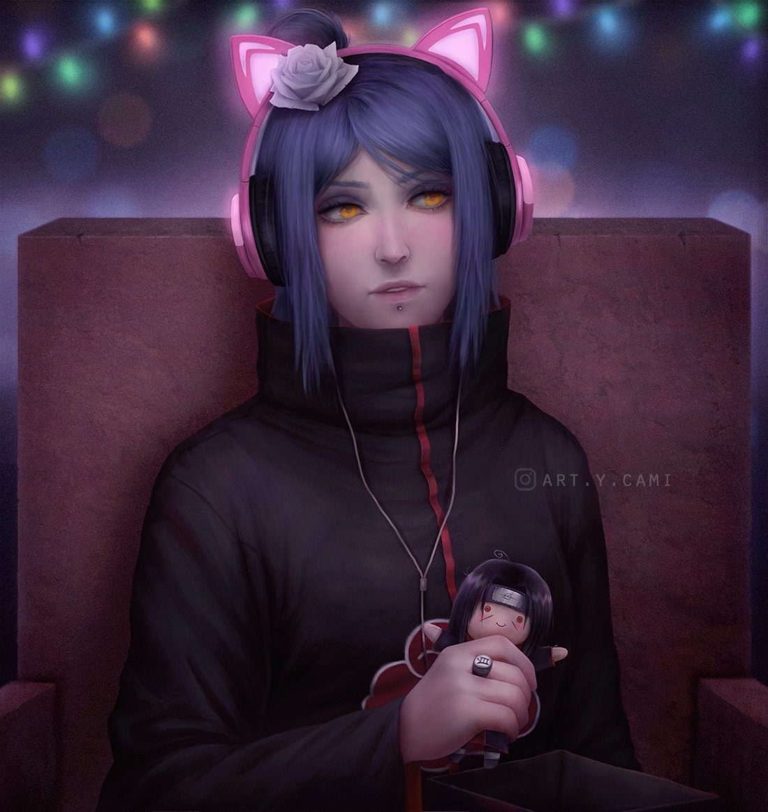1girl, akatsuki_(naruto), akatsuki_uniform, artcami, blue_eyeshadow, blue_hair, cat_ear_headphones, character_doll, coat, colored_eyelashes, commentary_request, couch, doll, eyelashes, eyeshadow, flower, hair_bun, hair_flower, hair_ornament, headphones, high_collar, holding, holding_doll, instagram_username, jewelry, konan_(naruto), labret_piercing, lips, long_sleeves, looking_away, makeup, mascara, naruto_(series), orange_eyes, parted_lips, ring, short_hair, sitting, uchiha_itachi