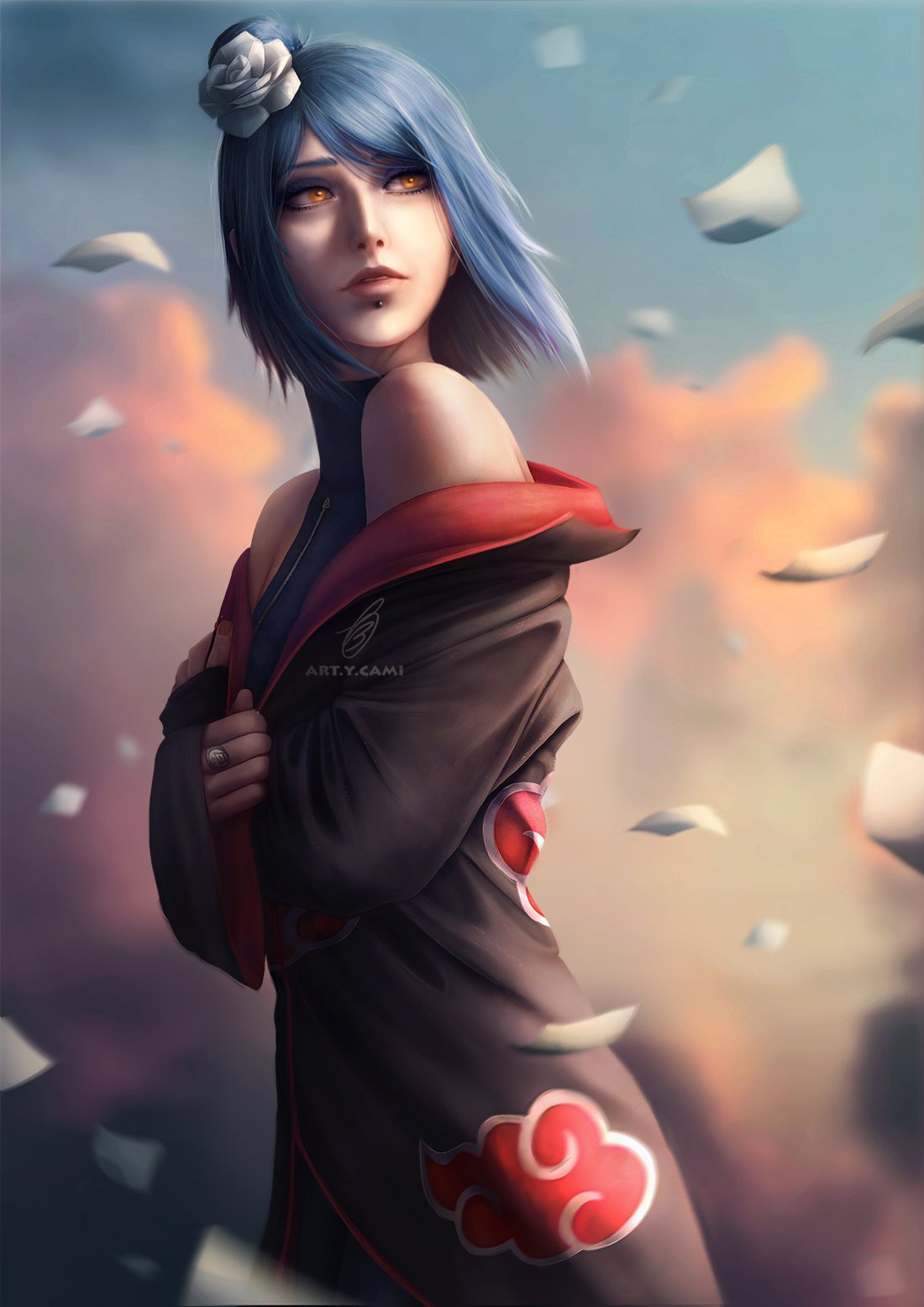 1girl, akatsuki_(naruto), akatsuki_uniform, artcami, artist_name, bare_shoulders, blue_eyeshadow, blue_hair
