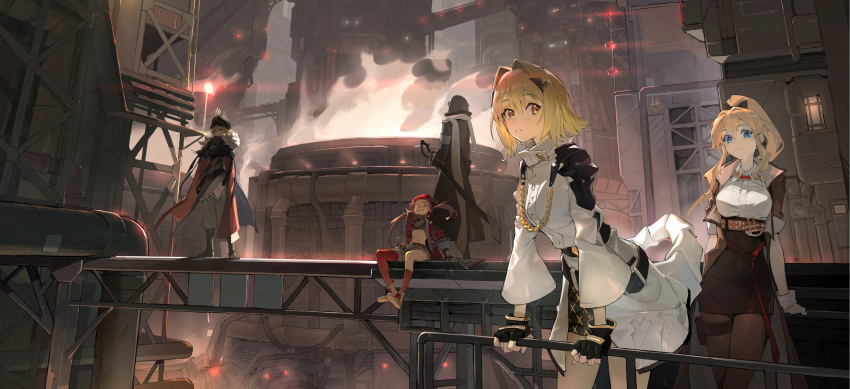 5girls, absurdres, aiguillette, alchemy_stars, armband, asymmetrical_legwear, bangs, belt, benny_(alchemy_stars), beret, black_coat, black_gloves, black_hair, black_legwear, blonde_hair, blue_eyes, boots, bow, breasts, cape, coat, collared_shirt, commentary_request, crop_top, crossed_arms, curo_(alchemy_stars), eyepatch, fingerless_gloves, full_body, fur-trimmed_coat, fur_trim, gloves, hair_between_eyes, hair_bow, hair_intakes, hair_ornament, hat, high_tops, highres, jacket, large_breasts, light, long_coat, long_sleeves, looking_at_viewer, machinery, multiple_girls, navel, nemesis_(alchemy_stars), official_art, pantyhose, peaked_cap, pencil_skirt, pipes, ponytail, putong_xingren, railing, red_jacket, redhead, scarf, sharp_teeth, shirt, short_hair, sitting, skirt, sleeves_rolled_up, smile, standing, steam, sword, tail, teeth, uneven_legwear, vice_(alchemy_stars), vivian_(alchemy_stars), weapon, white_gloves, white_jacket, white_shirt, yellow_eyes