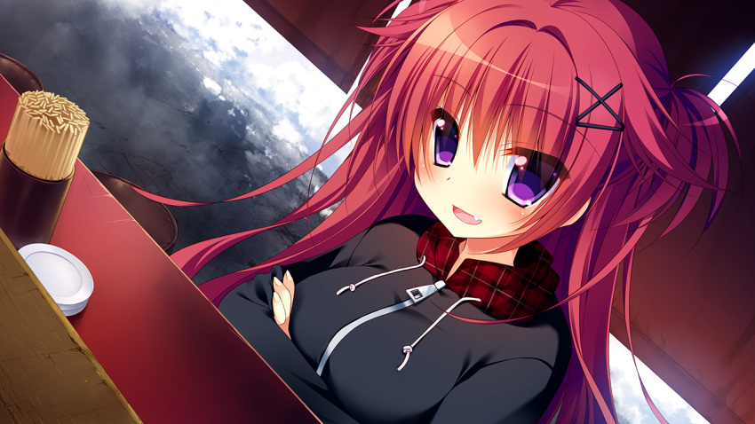 1girl, :d, bangs, black_jacket, blush, breasts, crossed_arms, dutch_angle, eyebrows_visible_through_hair, fang, game_cg, hair_between_eyes, hair_intakes, hair_ornament, jacket, large_breasts, long_hair, long_sleeves, nanaka_mai, official_art, open_mouth, redhead, reppuuji_kanon, shiny, shiny_hair, sitting, skin_fang, smile, solo, upper_body, violet_eyes, x_hair_ornament, yuki_koi_melt