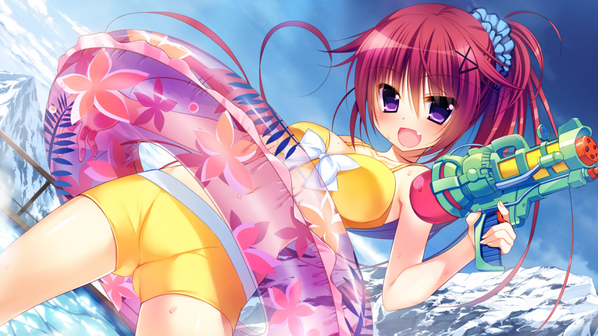 1girl, :d, bangs, bikini, bikini_shorts, blue_sky, bow, breasts