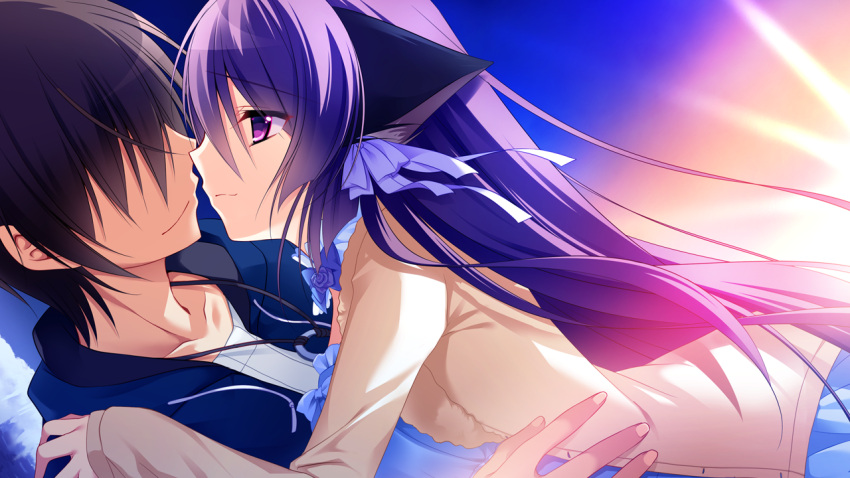 1boy, 1girl, animal_ears, bangs, black_hair, blue_dress, blue_jacket, blue_neckwear