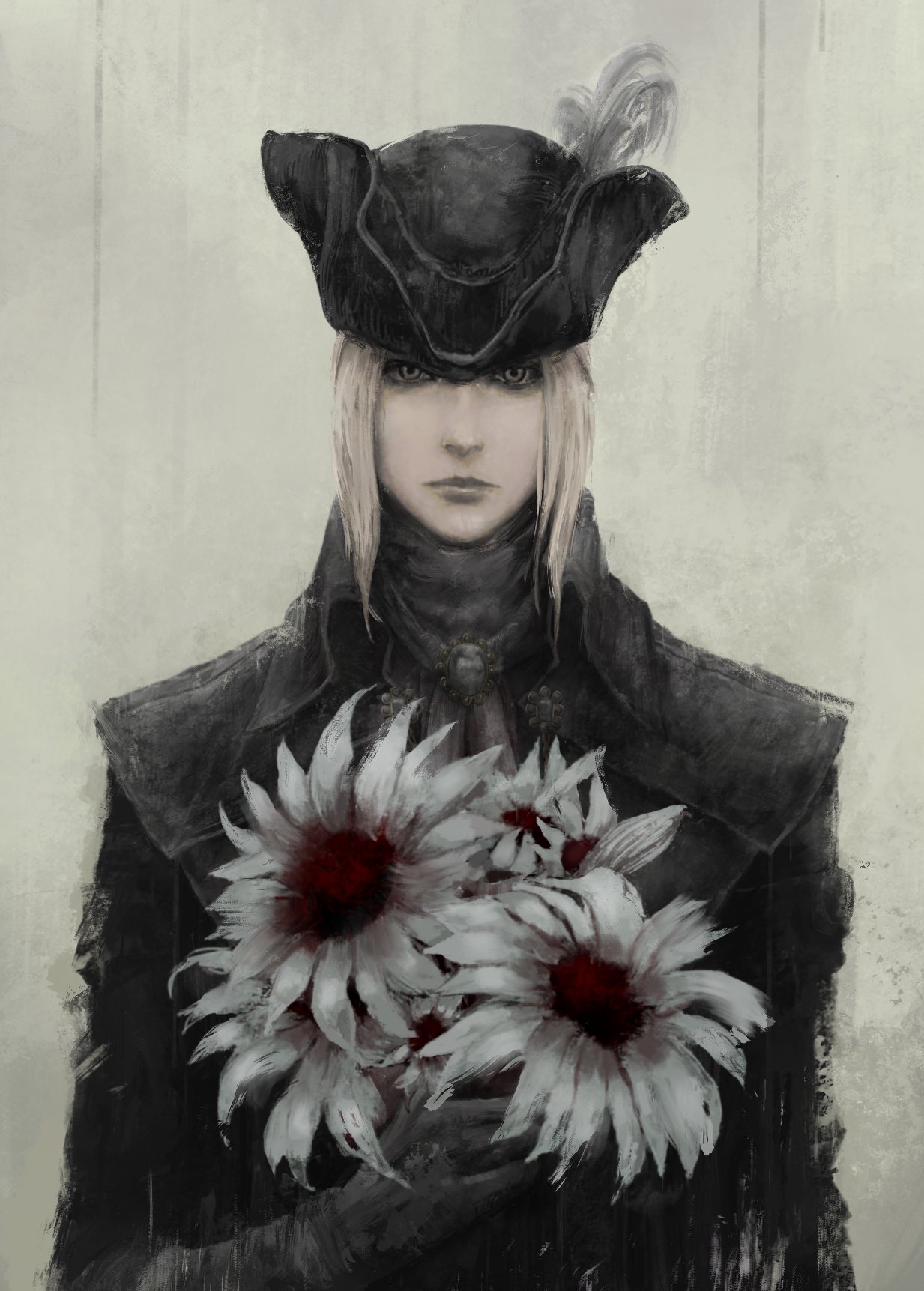 1girl, ascot, bangs, black_gloves, black_headwear, blonde_hair, bloodborne, brooch