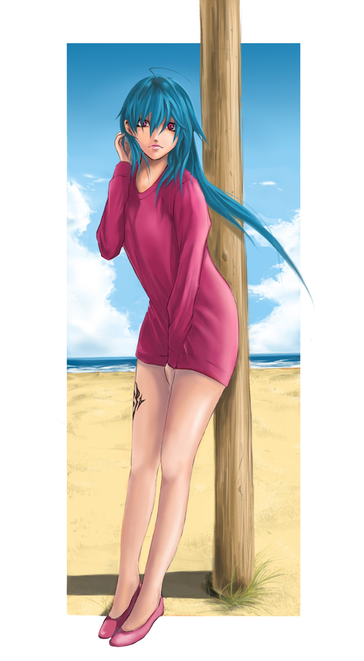 ahoge, beach, blue_hair, highres, legs, lips, original, pole