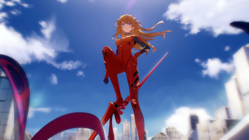 1girl, blue_eyes, blue_sky, brown_hair, city, closed_mouth, clouds, cloudy_sky