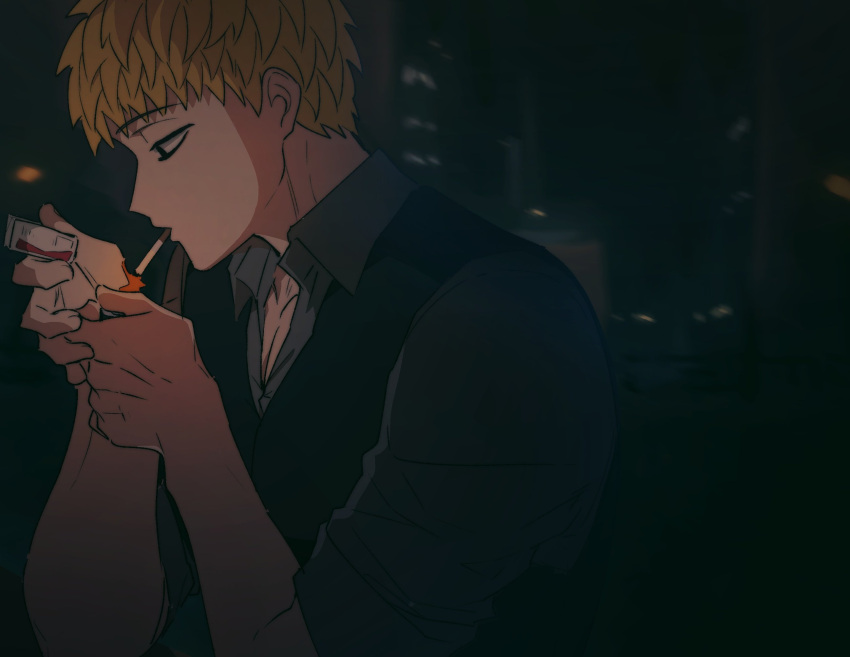 bags_under_eyes, blonde_hair, blurry, blurry_background, chaeu_nl, cigarette, collarbone, collared_shirt, depth_of_field, fire, from_side, grey_eyes, highres, holding, kimi_ga_shine, lighting_cigarette, looking_down, night, night_sky, shinogi_kenji, shirt, short_sleeves, sky, smoking, solo, vest