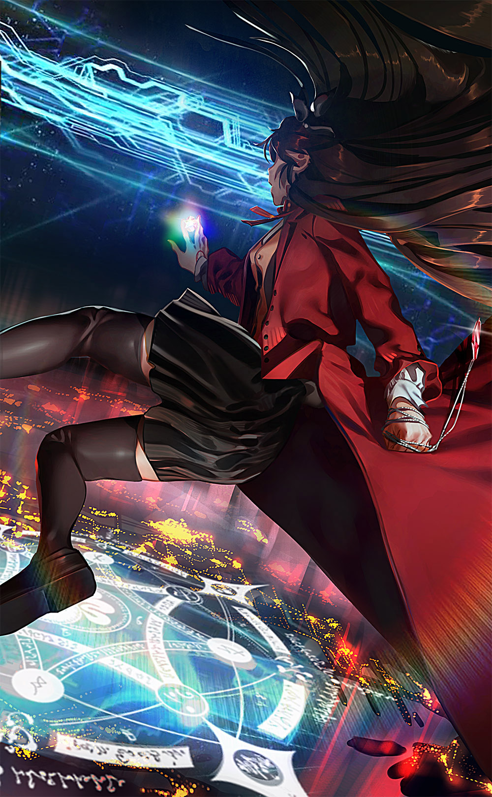 1girl, alterab, black_legwear, black_skirt, brown_legwear, cityscape, coat, fate/grand_order, fate/stay_night, fate_(series), floating_hair, full_moon, highres, long_hair, looking_away, magic_circle, magic_circuit, moon, night, night_sky, parody, parted_lips, red_coat, saint_quartz, shoes, skirt, sky, solo, sparkle, summoning, thigh-highs, tohsaka_rin, two_side_up, wind, zettai_ryouiki