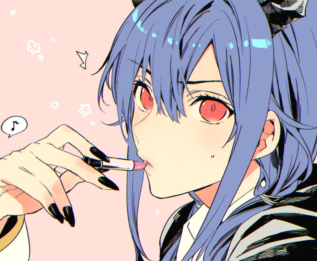 2girls, applying_makeup, arknights, black_nails, blue_hair, ch'en_(arknights), cosmetics, horns