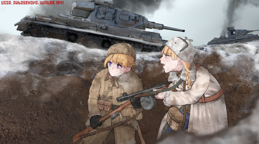 2girls, 6+others, blue_eyes, bolt_action, brown_eyes, caterpillar_tracks, coat, ground_vehicle