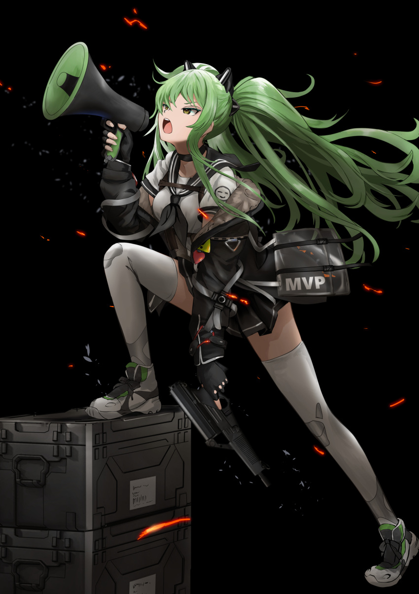 1girl, black_gloves, black_jacket, black_skirt, calico_m950, fingerless_gloves, gibun_(sozoshu), girls_frontline