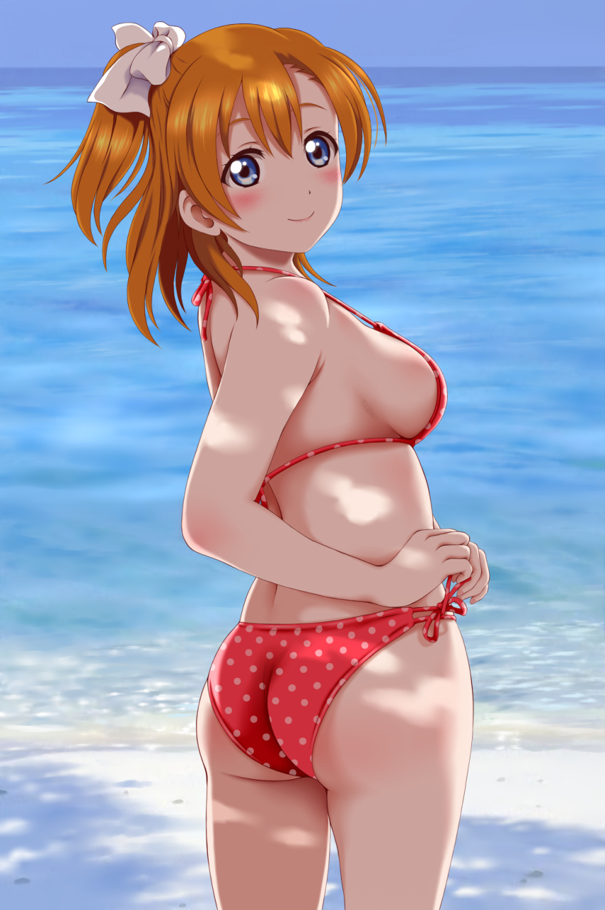 1girl, adjusting_bikini, adjusting_swimsuit, ascii_media_works, ass, bangs, bikini, blue_eyes