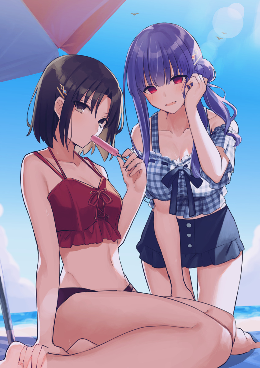 2girls, absurdres, adjusting_hair, asagami_fujino, bangs, bare_legs, bare_shoulders, barefoot