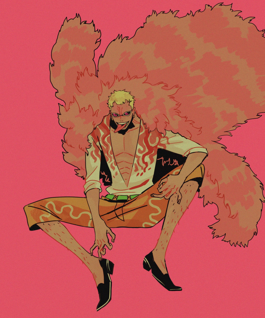 1boy, blonde_hair, dark-skinned_male, dark_skin, donquixote_doflamingo, fur_coat, highres, leg_hair