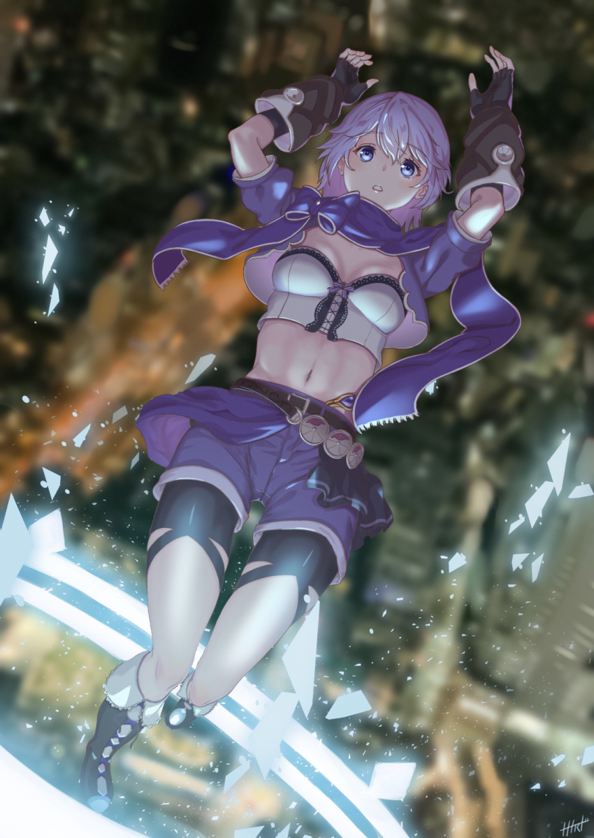 1girl, city, falling, fingerless_gloves, gloves, highres, hozumi_shizuku, legwear_under_shorts