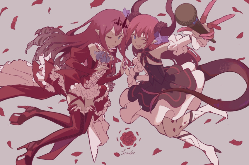2girls, asymmetrical_horns, bare_shoulders, blue_eyes, center_frills, circle_skirt, color_connection, corset