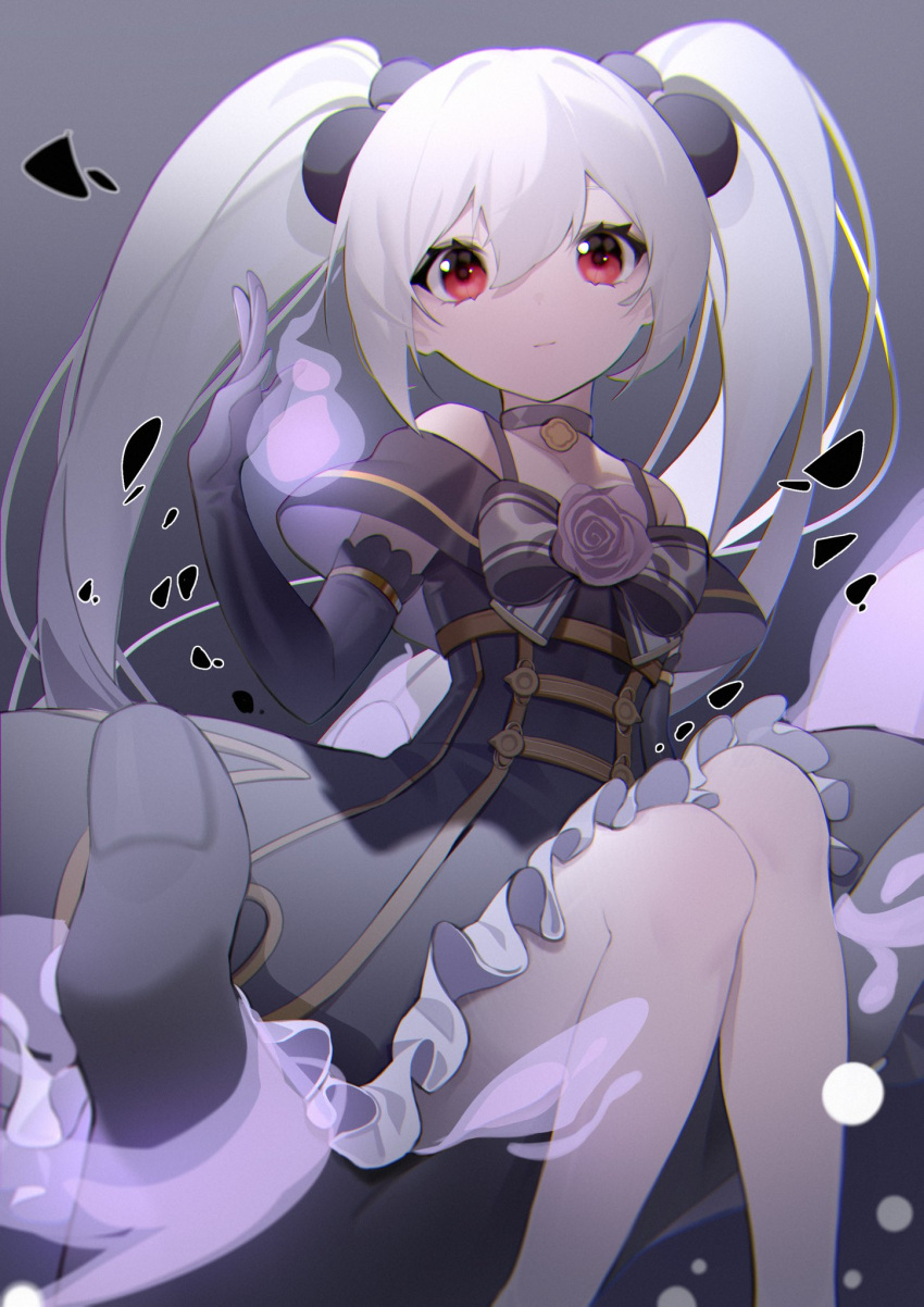 1girl, bangs, closed_mouth, collar, crossed_bangs, feet_out_of_frame, fire, gloves