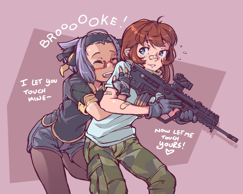 2girls, bandaid, bandaid_on_nose, black_gloves, blue_eyes, borrowed_character, brooke_(mathias_leth), brown_hair
